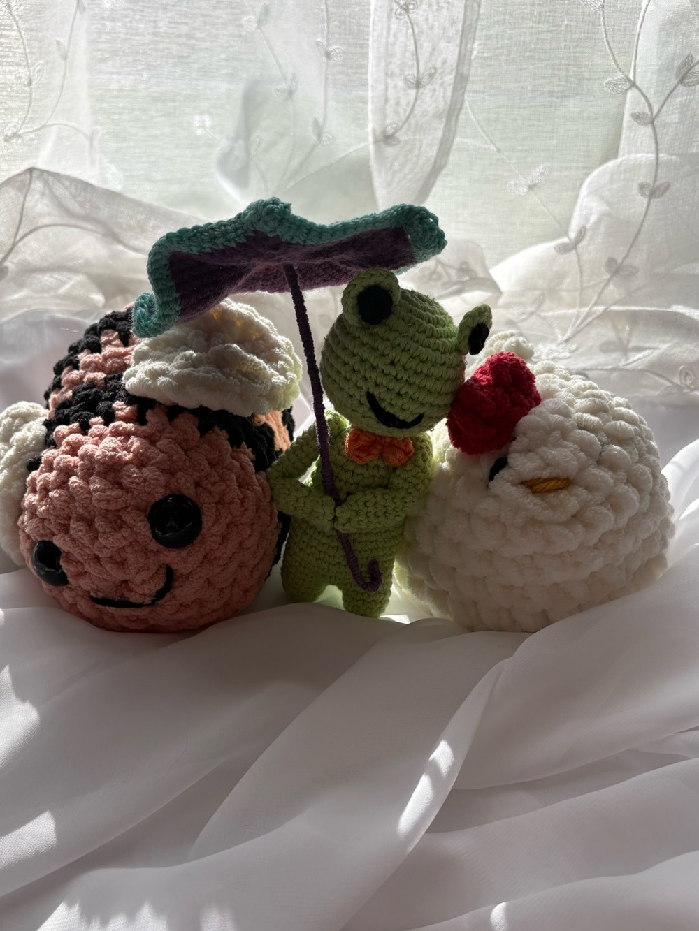 Handmade crochet frog chicken and bumble bee set